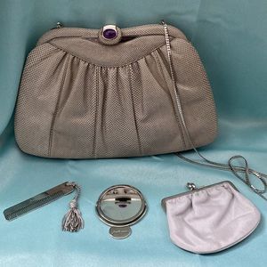 Judith Leiber snakeskin gray leather shoulder bag~ Comes w mirror, comb & more